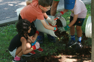 kids pouring out a bucket of mulch(© 2019 David Shilamn)