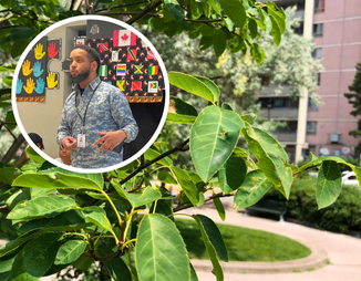 © 2025 Alexis Cheddesingh / LEAF A serviceberry tree planted by LEAF at a TCHC community in the background, with an inset circular image of Alexis in the foreground.