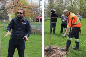 Cohen & Master demonstrating adding the natural soil additive(© 2019 Reia Tariq / LEAF)