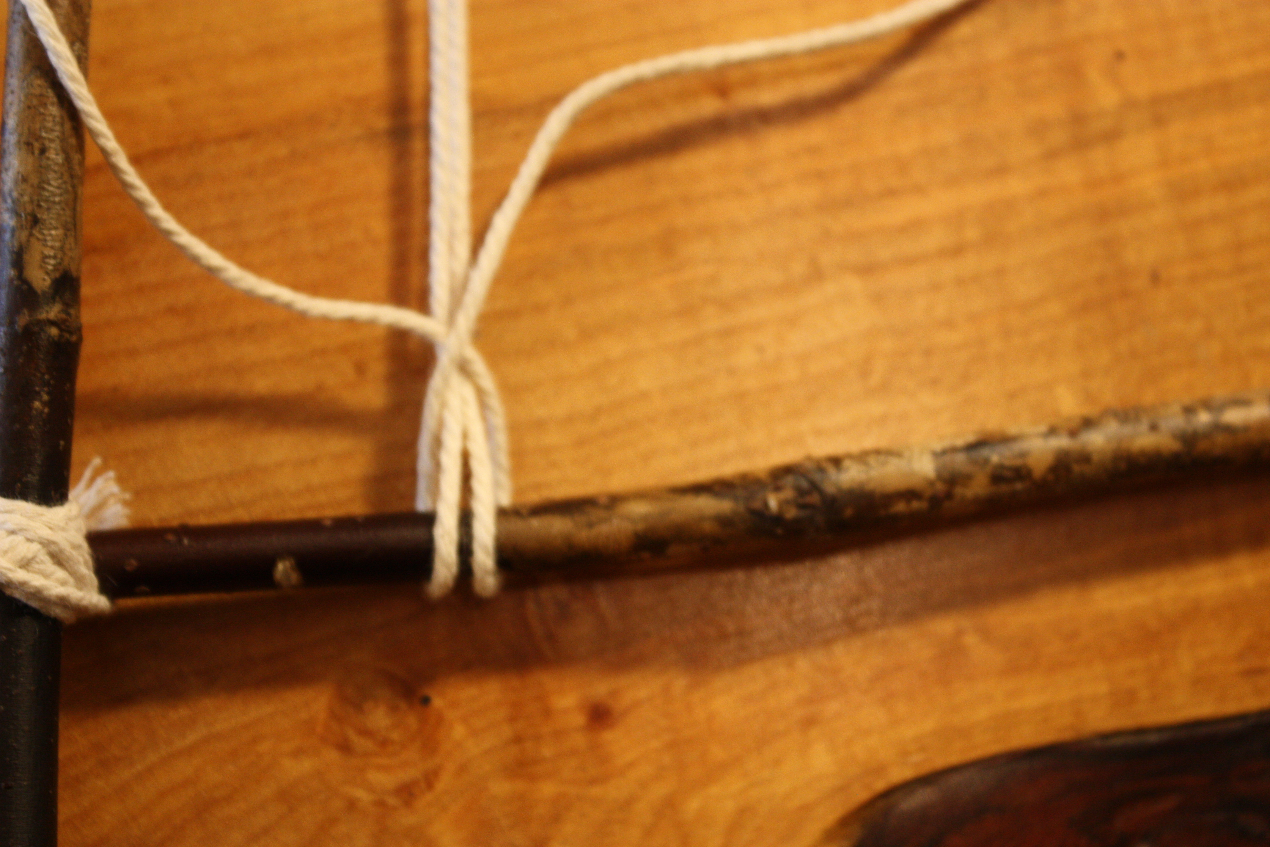 Sequence of knotting and securing the warp string to the bottom branch.