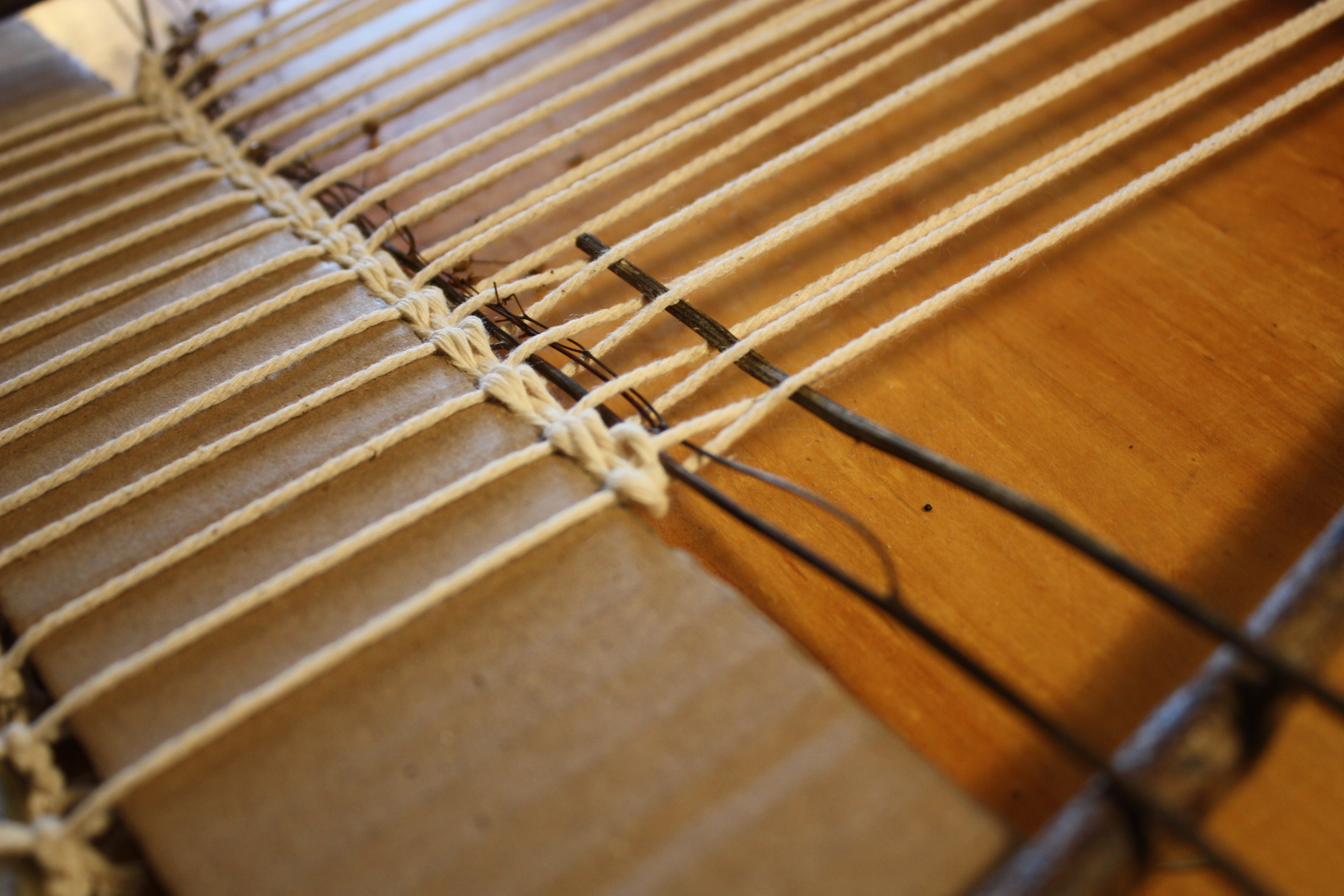  In-progress weaving with natural materials — grasses, twigs, flowers layered between rows of yarn.