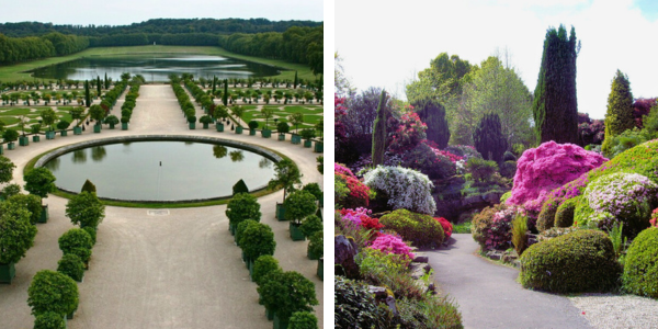 Left: symmetrical garden with mirrored elements. Right: asymmetrical garden balanced through varied angles and plant arrangement