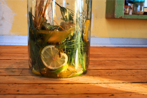 glass jar containing fresh pine needles, twigs, lemon slices, sumac and honey.