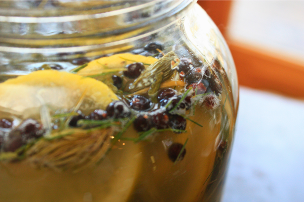 Close-up of small bubbles clinging to the sides of the jar, indicating active fermentation.