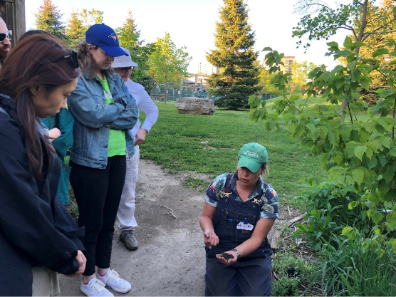 A group of volunteers in a garden listening to a workshop presenter who is kneeling down and holding a handful of soil.