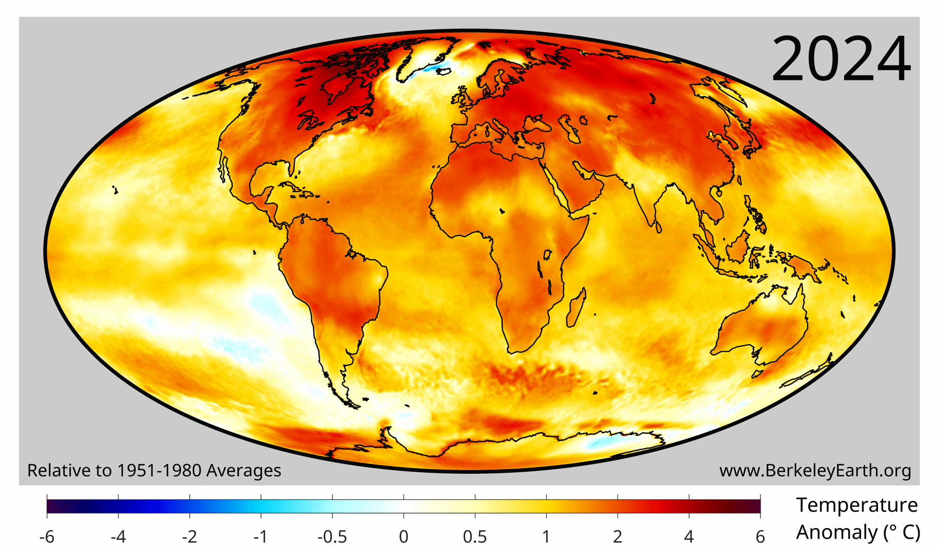 Local temperatures in 2024 relative to the average temperature in 1951-1980. (© 2025 Berkeley Earth)