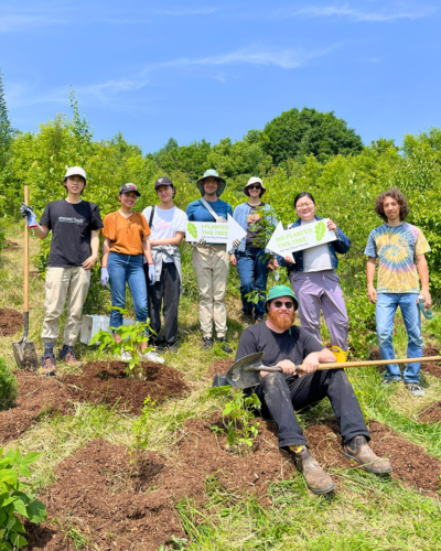 A group of YUFL participants pose with shovels and planting signs at a City of Toronto tree planting event on a sunny day.