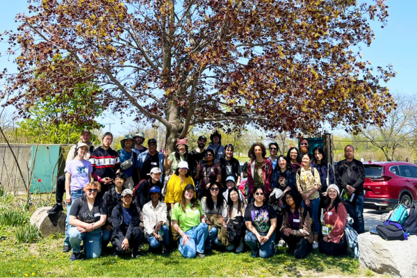 A group of Tree Tenders participants stand and sit beneath a large tree during an outdoor training session. The tree's broad can