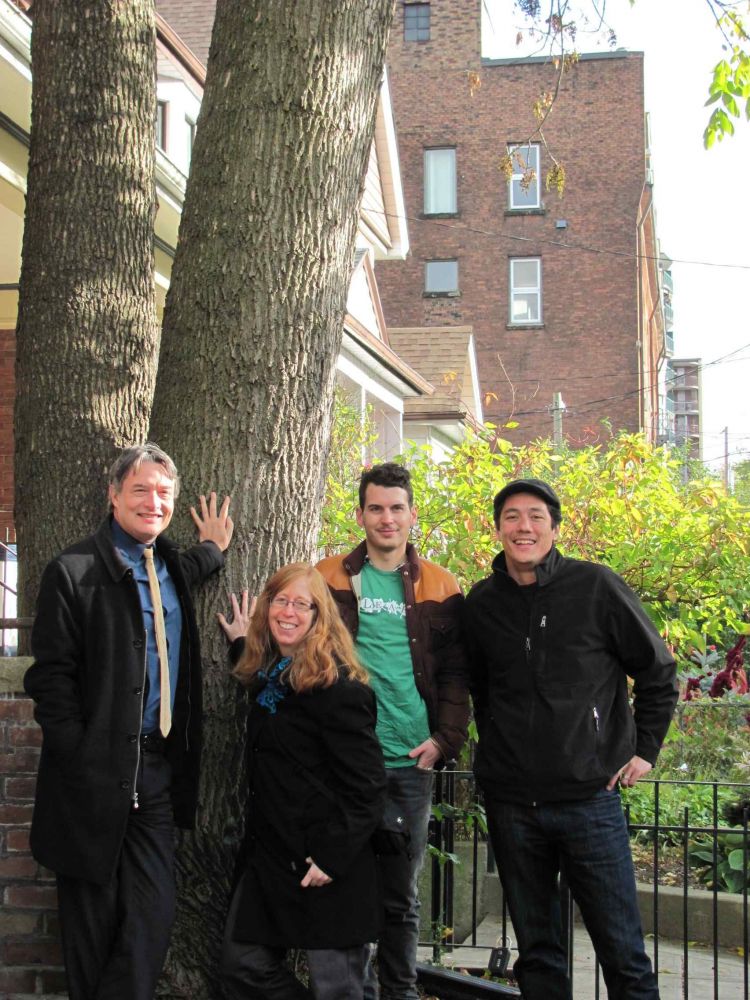 Councillor Gord Perks, volunteer Jane Clark, Matthew Higginson, LEAF and Leif Moore, homeowner by an ash tree